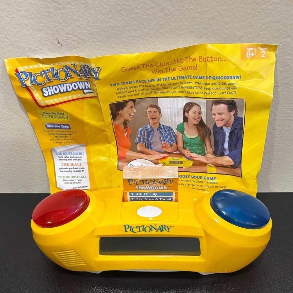 Pictionary Showdown Game with Yellow and Blue Buttons
